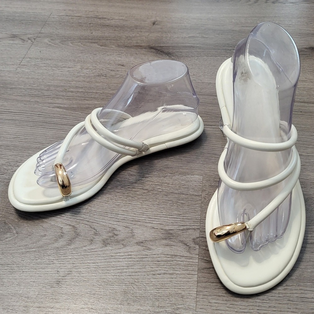 Vince White Leather Loop Toe Slide Sandals with Gold Accent